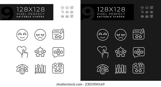 Reacción del cliente sobre los iconos lineales perfectos del píxel de contenido para el modo oscuro y claro. Evaluación del servicio. Símbolos delgados para la noche, tema del día. Ilustraciones aisladas. Trazo editable