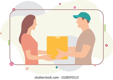 The customer receives a package that has been ordered. Happy girl receives her package. Flat design vector illustration for banner, website, landing page, poster, presentation and advertising.