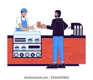 Cliente recibiendo café de barista 2D personajes de dibujos animados lineales. Hombre indio, hombre afroamericano aislado línea vector personas fondo blanco. Ilustración de punto plano de color de cafetería