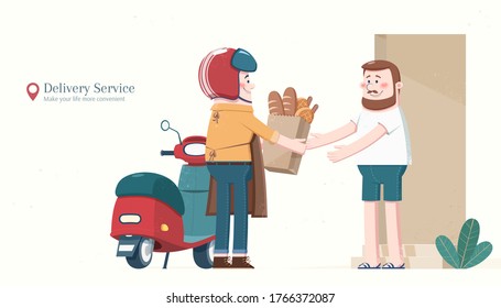 Cliente recibiendo su pedido de compra en casa, concepto de servicio de entrega de alimentos, ilustración de estilo plano