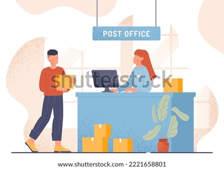 Customer receiving parcel. Man with box in his hands approaches post office. Home delivery, modern and convenient service. Transportation and logistics concept. Cartoon flat vector illustration