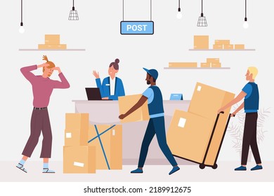 Customer receiving parcels at counter of post office. Cartoon postal workers carry freight boxes with goods on handcart, clerk standing at reception desk flat vector illustration. Delivery concept