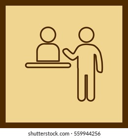 Customer at the reception, a receptionist is welcoming and registering him