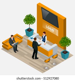 Customer At Reception. Reception Service Hotel Desk Business Office Concept In Flat Style. Isometric Vector Illustration