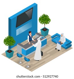 Customer at reception. Reception service hotel desk business office concept in flat style. Arabic man. Vector illustration