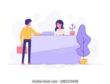 Customer at reception. Young woman receptionist standing at reception desk. Modern vector illustration.