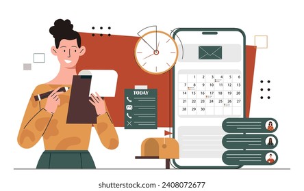 Customer record concept. Woman with notepad and pen write list of clients. Planning and scheduling. Young girl conduct marketing research. Cartoon flat vector illustration isolated on white background