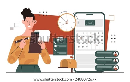 Customer record concept. Woman with notepad and pen write list of clients. Planning and scheduling. Young girl conduct marketing research. Cartoon flat vector illustration isolated on white background