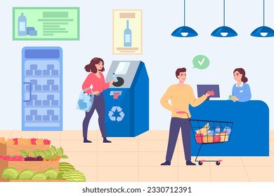 Customer recycling plastic bottles in shop vector illustration. Cartoon drawing of man getting deposit for recycling plastic containers for in store. Recycling, shopping, ecology concept