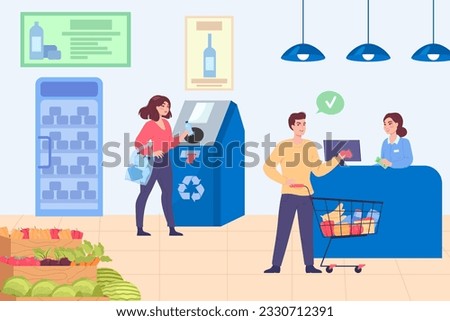 Customer recycling plastic bottles in shop vector illustration. Cartoon drawing of man getting deposit for recycling plastic containers for in store. Recycling, shopping, ecology concept
