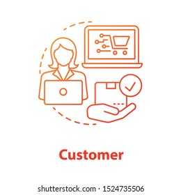Customer red concept icon. Online shopping idea thin line illustration. Client choosing goods in product catalog. Ordering parcel in internet store. Vector isolated outline drawing