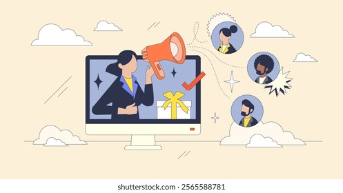 Customer referral concept with a person using a megaphone, gift box, and network connections. Neubrutalism style