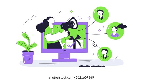 Customer referral concept with a person using a megaphone to connect with others, highlighting communication and engagement. Playful style