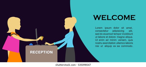 Customer registration at the reception. Woman paying with credit card. Hotel receptionist at desk servicing tourists. Client reserving or booking in hostel. The administrator receiving payment.