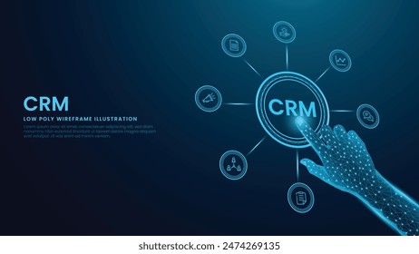 In: Kunde Relation Management and CRM Concept. Digitale Hand mit CRM Icons in Low Poly Wireframe Vektorillustration auf Technologischem Blue Hintergrund.