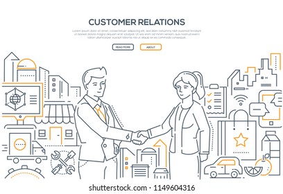 Customer relations - line design style illustration on white background. High quality banner with a businessman shaking hands with a woman. Useful enterprise, small business helping people concept