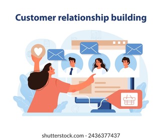 Customer Relationship Building Illustration. A marketer connects with clients using digital tools to foster strong, lasting customer relationships for brand loyalty. Flat vector illustration.