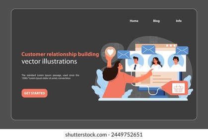 Customer Relationship Building Illustration. A marketer connects with clients using digital tools to foster strong, lasting customer relationships for brand loyalty. Flat vector illustration.