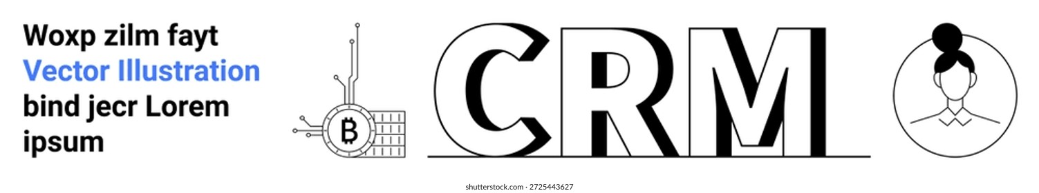 Relacionamento com o cliente, estratégia de negócios, rede, blockchain, gerenciamento de perfis, manuseio de dados. Tipografia CRM em negrito com diagrama blockchain e ícone do usuário. Relacionamento com o cliente e funcionamento em rede