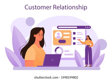 Customer relationship. Commercial program for client retention. PR campaign for customer loyalty. Idea of marketing communication. Flat vector illustration