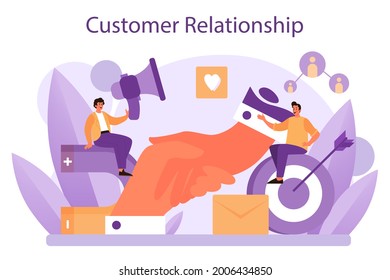 Customer Relationship. Commercial Program For Client Retention. PR Campaign For Customer Loyalty. Idea Of Marketing Communication. Flat Vector Illustration