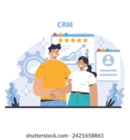 Customer Relationship concept. Illustration of effective CRM strategy and analysis. Teamwork in client satisfaction and retention. Monitoring customer journey and feedback. Flat vector illustration.