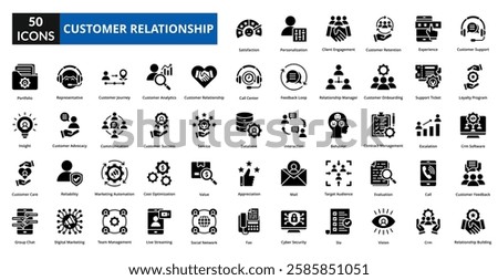 customer relationship icon glyph collection set. Includes icon customer analytics, advocacy, care, onboarding, success, client, interaction