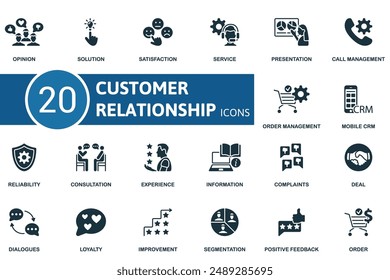 Customer Relationship icon set. Opinion, Solution, Satisfaction, Service, Presentation, Call Management, Order Management, Mobile Crm, Reliability, Consultation icons and more