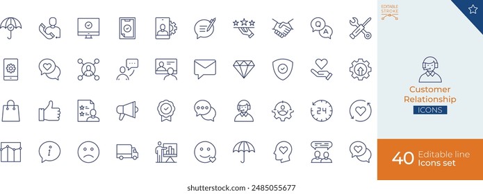 Conjunto de iconos de línea de relación de Cliente" es una colección de ilustraciones de stock que incluye varios iconos relacionados con las relaciones de Cliente. 