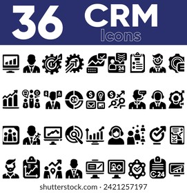 Gestión de relaciones con el cliente 36 conjunto de iconos CRM. Contiene marketing, datos, informes, estrategia, gerente, audiencia y más. Colección de iconos de vector sólido.