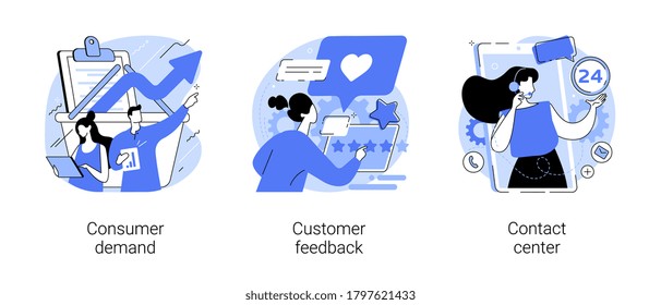 Customer relationship management abstract concept vector illustration set. Consumer demand, customer feedback, contact center, retail marketing, user support, market research abstract metaphor.