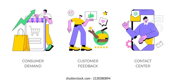 Customer relationship management abstract concept vector illustration set. Consumer demand, customer feedback, contact center, retail marketing, user support, market research abstract metaphor.