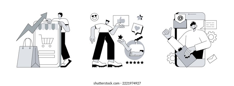 Conjunto de ilustraciones vectoriales de concepto abstracto de administración de relaciones con el cliente. Demanda de los consumidores, comentarios de los clientes, centro de contacto, marketing minorista, soporte al usuario, metáfora abstracta de investigación de mercado.
