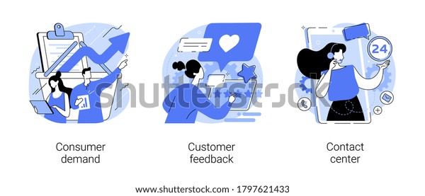 Customer relationship management abstract\
concept vector illustration set. Consumer demand, customer\
feedback, contact center, retail marketing, user support, market\
research abstract\
metaphor.