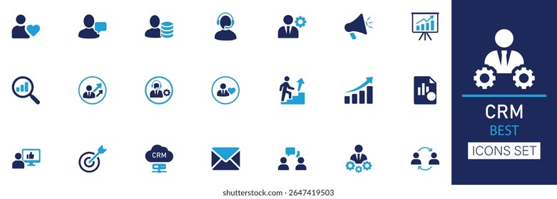 Mejor conjunto de iconos de gestión de relaciones de Cliente. Incluye audiencia, cliente, lealtad, marketing, comunicación, informe, segmentación, nube, conjunto de Ilustraciones vectoriales sólidas.