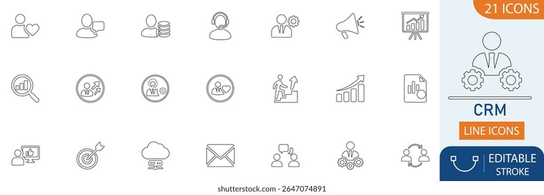 Customer relationship management best line icon set. Perfect for CRM, marketing, client data, segmentation, reports, cloud systems and strategic communication visuals.
