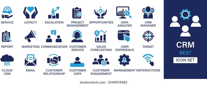 Melhor coleção de conjuntos de ícones sólidos de gerenciamento de relacionamento com clientes. Serviço, fidelidade, escalonamento, gerenciamento de projetos, oportunidades, análise de dados, gerente, relatório e ilustração vetorial