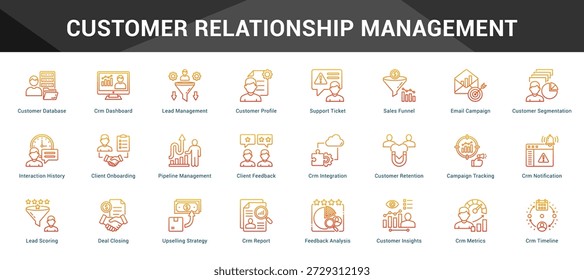 Customer Relationship Management Conjunto coeso de ícones vetoriais minimalistas representando ideias-chave com clareza visual