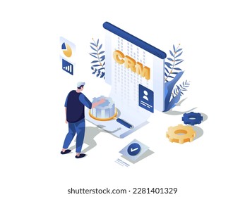Customer relationship management concept 3d isometric web scene. People using CRM tools for planning strategy, data analyzing, working with database. Vector illustration in isometry graphic design