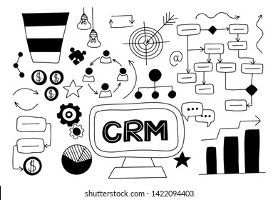 Customer relationship management, concept. CRM. Hand drawn vector elements.