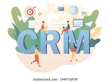 Customer relationship management concept. CRM - big text. Business strategy. Tiny businessman perform data analysis. Modern flat cartoon style. Vector illustration on white background