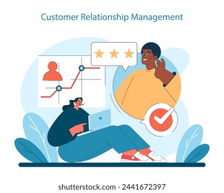 Customer Relationship Management concept. Enhancing client satisfaction through feedback and tailored services. Data-driven loyalty strategies. Vector illustration.