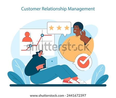 Customer Relationship Management concept. Enhancing client satisfaction through feedback and tailored services. Data-driven loyalty strategies. Vector illustration.