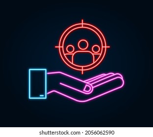 Customer relationship management concept with hands. Organization of data on work with clients, CRM concept. Neon icon. Vector illustration.