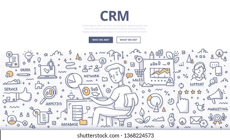 Customer relationship management concept. Managing interaction with current & potential customers. CRM. Client support and data organization. Doodle illustration for web banners, hero images