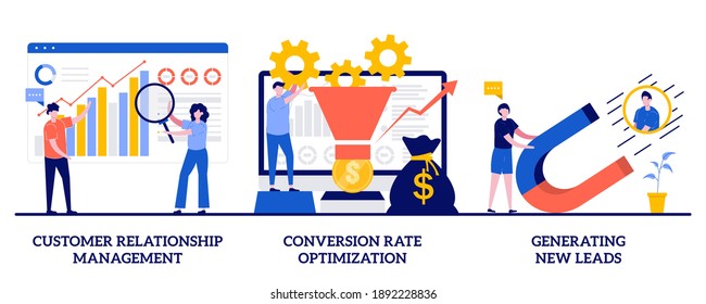 Customer relationship management, conversion rate optimization, generating new leads concept with tiny people. CRM lead abstract vector illustration set. Sales data, marketing software metaphor.