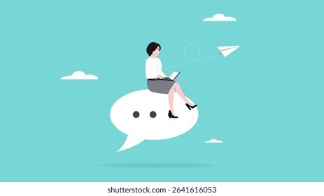 customer relationship management, CRM, chatbot or automatic messages for customers, smart business woman managing customer chat using laptop while sitting on big speech bubble
