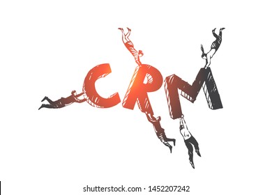 Kunde, Beziehung, Management, CRM-Konzept Skizze. Geschäftsleute fliegen und halten Buchstaben von CRM Wort in den Händen. Handgezeichnete, einzelne Vektorgrafik