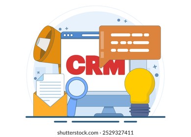 Customer Relationship Management or CRM Concept, Organizing data about work with clients, Corporate Strategy Planning, Business Data Analysis. Flat vector illustration on background.