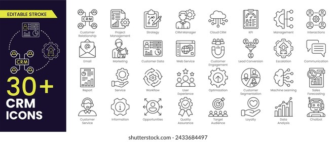 Customer relationship management CRM Editable Stroke icon set. Containing marketing, data, report, strategy, manager, audience and more. Editable Outline, line icons collection.